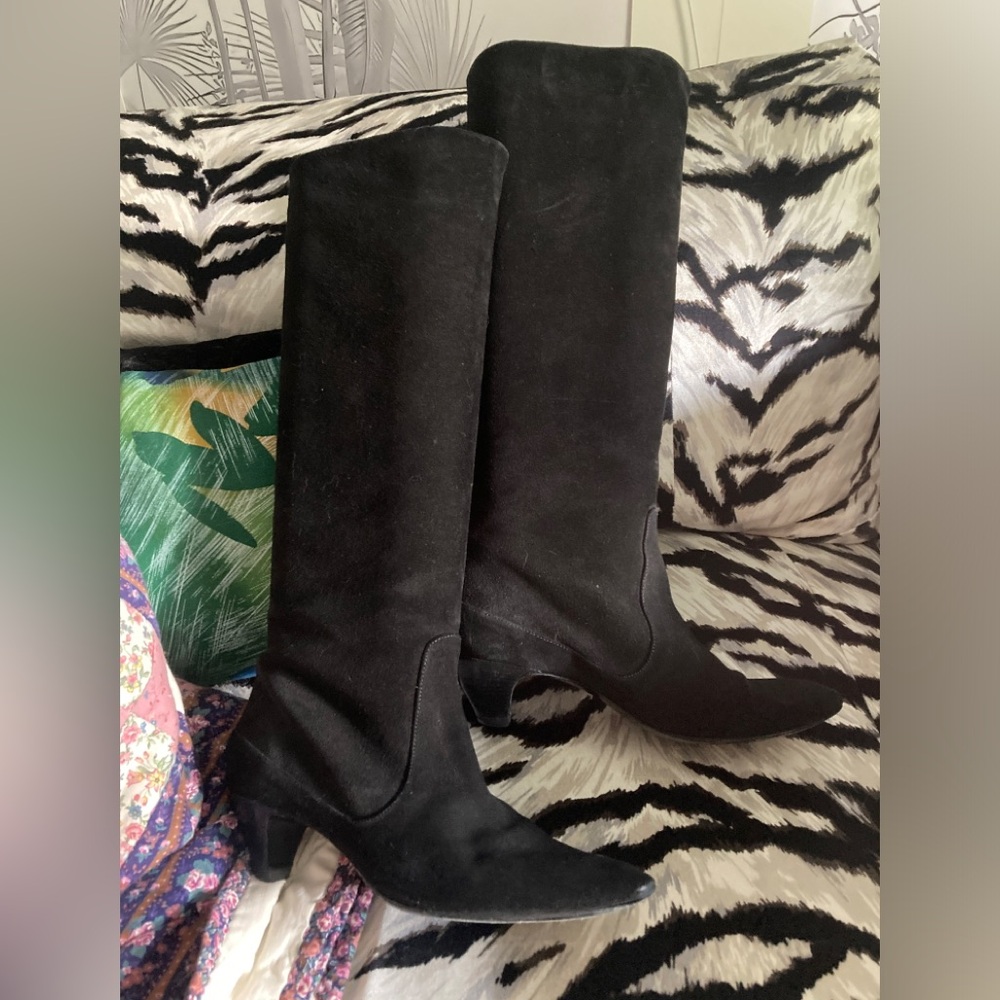 Belle by Sigerson Morrison Black suede low heel boots sock gogo knee high 6.5-7